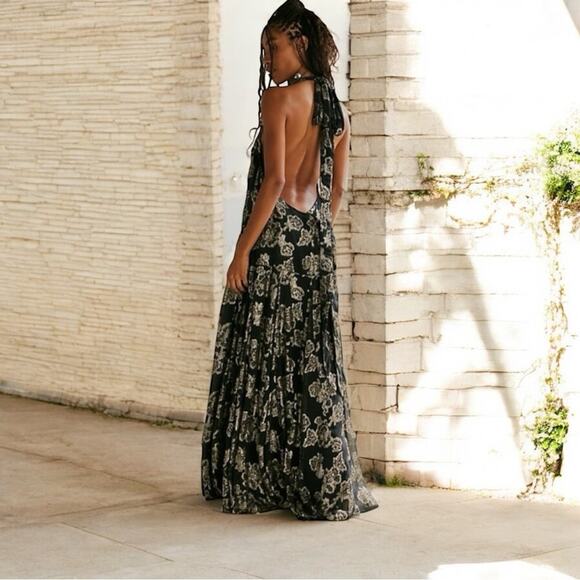 Free People Open Back Maxi Dress Black and Gold Metallic Size Small - Picture 4 of 9